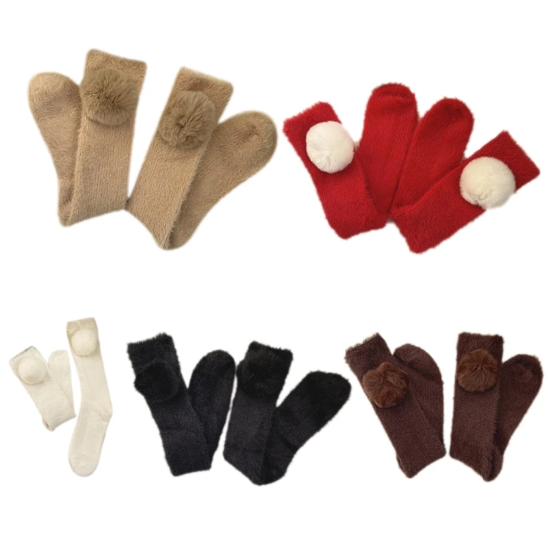 

Women Winter Warm Furry Calf Socks Cute Plush Round Ball Solid Color Ribbed Fuzzy Christmas Stockings Leg Warmers 37JB