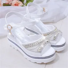 New Wedge with Female Sandals Fish Mouth Buckle Casual Shoes Flat Platform Thick Bottom Rhinestone Elegant Women Summer Footwear