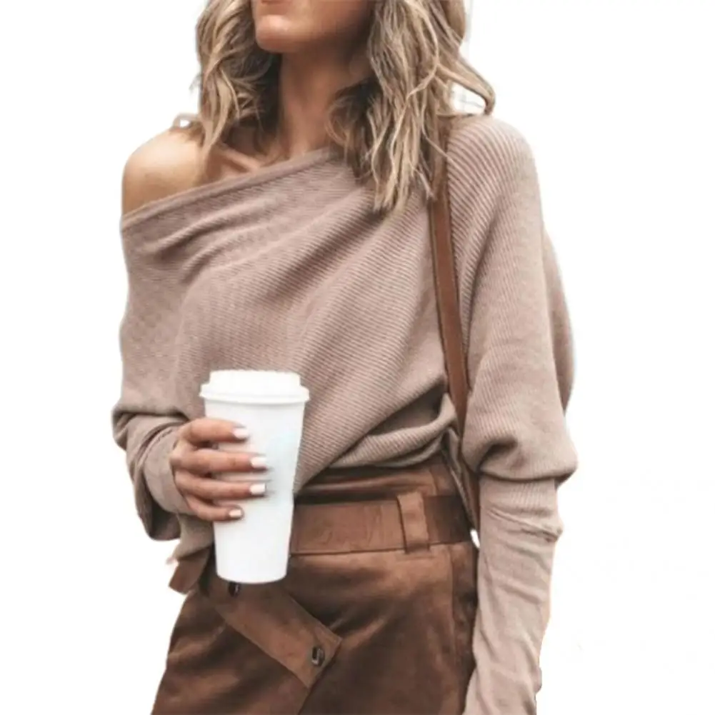 Autumn Winter Solid Women Knitted Sweater Off Shoulder Knitted Top Pullover Loose Batwing Sweater pull femme 2021
Autumn Winter Solid Women Knitted Sweater Off Shoulder Knitted Top Pullover Loose Batwing Sweater pull femme 2021