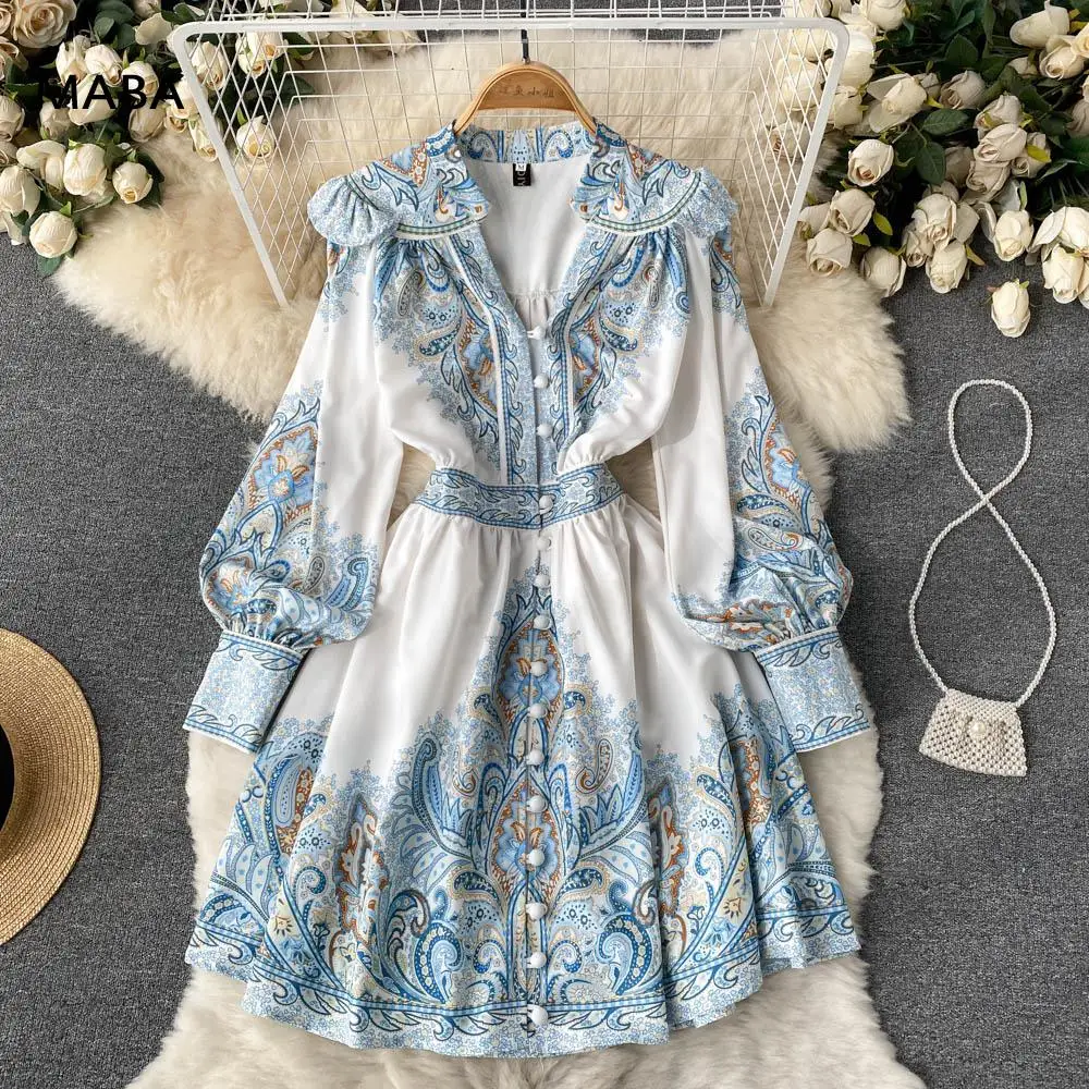 Vintage Bohemian Dress For Women Elegant Chic V-neck High Waist Long Sleeve Print Boho Short Dress Palace Single Breasted Dress
Vintage Bohemian Dress For Women Elegant Chic V-neck High Waist Long Sleeve Print Boho Short Dress Palace Single Breasted Dress