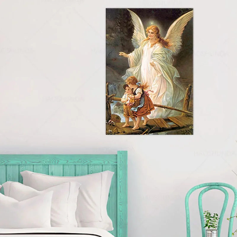 Холст с принтом Lindberg Heilige Schutzengel Guardian Angel and Children Crossing Bridge Religion вдохновляющее