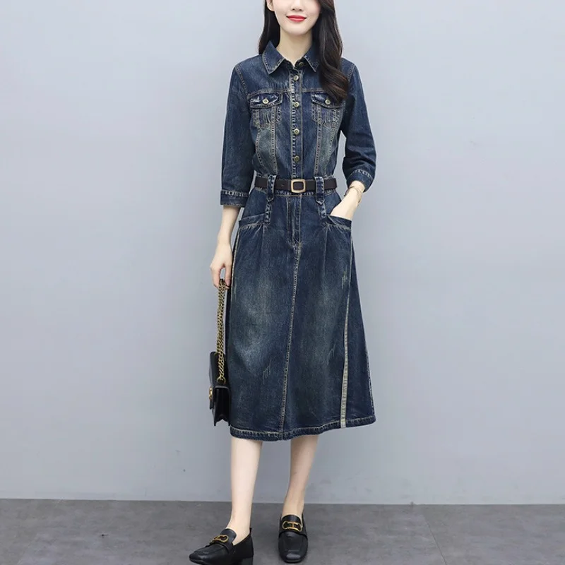 Women Denim Dress New Spring Autumn Vintage Shirt Mid Length Lady Office Dress Pocket Button Loose Casual Female Jeans Dresses
Women Denim Dress New Spring Autumn Vintage Shirt Mid Length Lady Office Dress Pocket Button Loose Casual Female Jeans Dresses