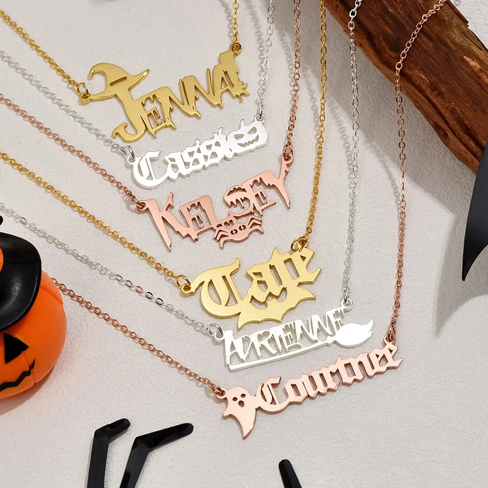 Custom Name Necklace Personalised Gothic Name Plate Necklace Pumpkin Bat Hat Stainless Steel Jewelry Halloween Gift for Women
Custom Name Necklace Personalised Gothic Name Plate Necklace Pumpkin Bat Hat Stainless Steel Jewelry Halloween Gift for Women