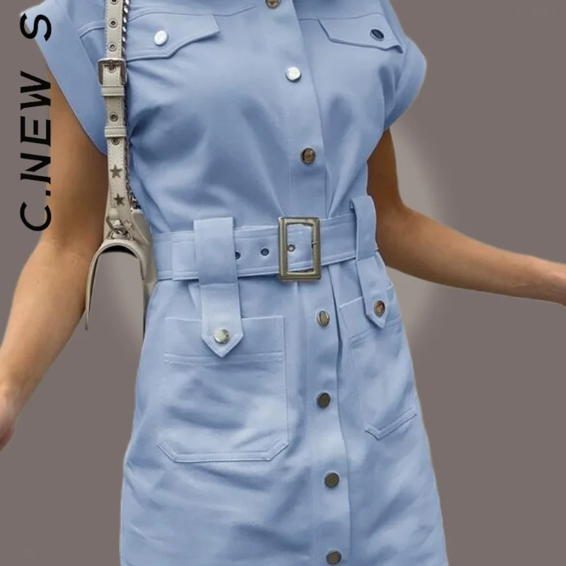 C.New S 2022 summer shirt dress short sleeve office dress women Single breasted belt mini dress Blue pocket work vestido
C.New S 2022 summer shirt dress short sleeve office dress women Single breasted belt mini dress Blue pocket work vestido