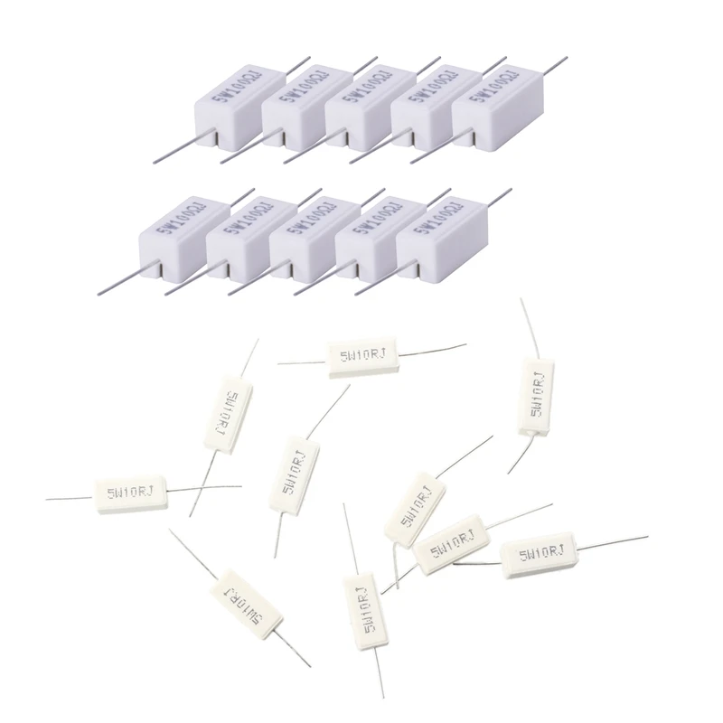 

10 шт. 5 Вт 10 Ом Керамические нагрузочные резисторы и 10X проволочные керамические цементные резисторы 100 Ом 5 Вт ватт 5%