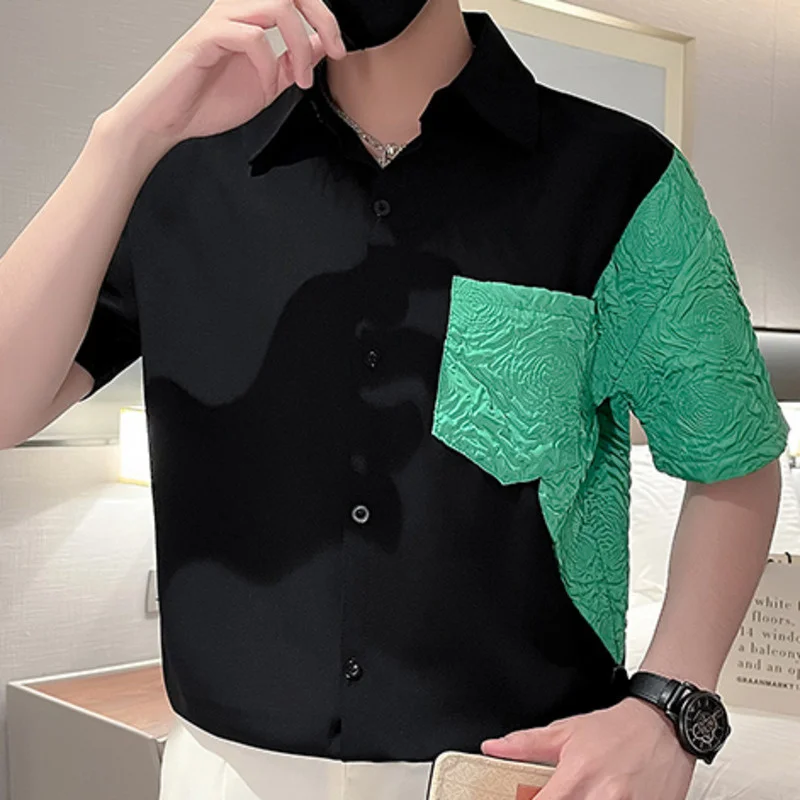 

Splicing Contrasting Colors Men Shirt 2023 Summer Korean Short Sleeve Slim Social Club Outfits Camisa Masculina