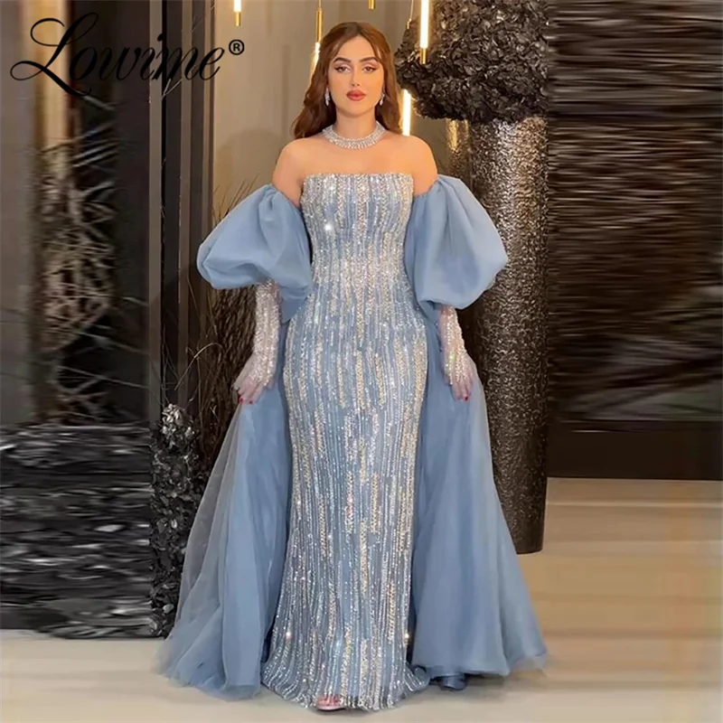 Lowime Blue Strapless Arabic Evening Dresses Puff Sleeves Crystals Beaded Long Formal Gowns For Women Party Prom Dress Customize
Lowime Blue Strapless Arabic Evening Dresses Puff Sleeves Crystals Beaded Long Formal Gowns For Women Party Prom Dress Customize