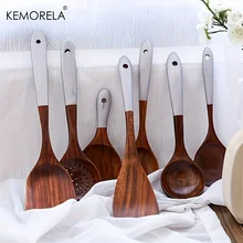7PCS Thai Wooden Soup Spoon Spatula Nonstick Eco-Friendly Cooking Tableware Kitchen Cooking Set with Food Grade Wooden Material