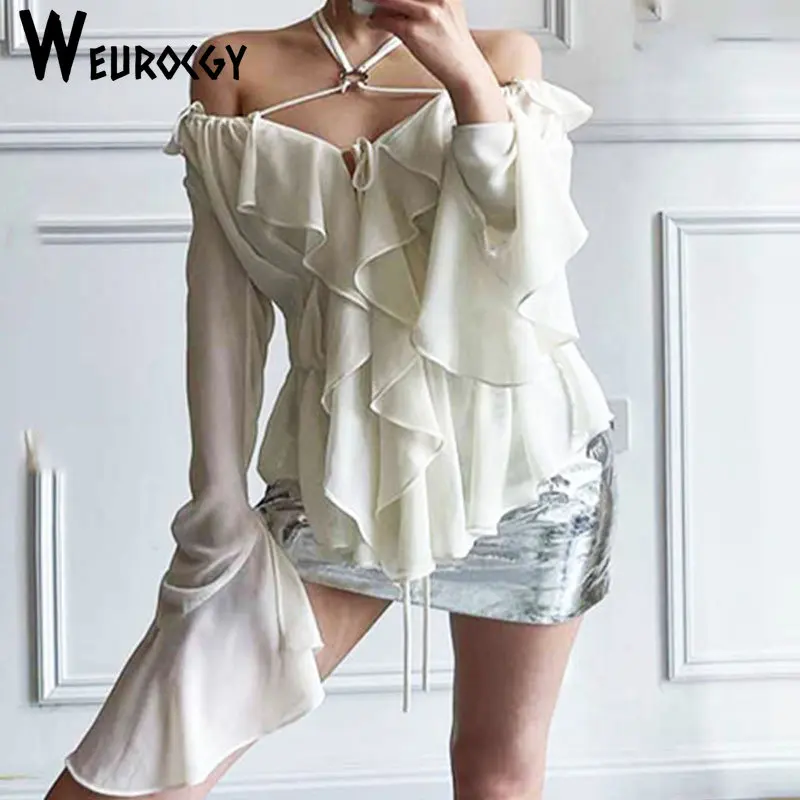 Women Tops 2023 Spring New Korean Edition Ruffles Lace-Up Collar Off Shoulder Hang Neck Chiffon Irregular Long Sleeve Blouses
Women Tops 2023 Spring New Korean Edition Ruffles Lace-Up Collar Off Shoulder Hang Neck Chiffon Irregular Long Sleeve Blouses