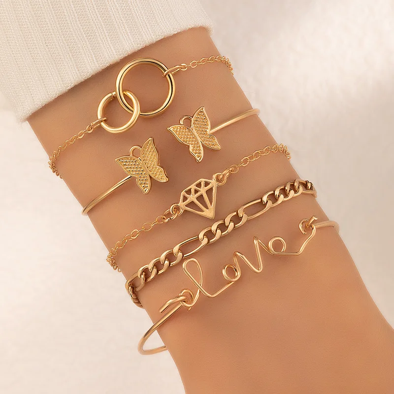 New 2022 Butterfly Diamond Cut-out Five Layer Bracelet Ring Letter Chain Opening Bracelet Set
New 2022 Butterfly Diamond Cut-out Five Layer Bracelet Ring Letter Chain Opening Bracelet Set