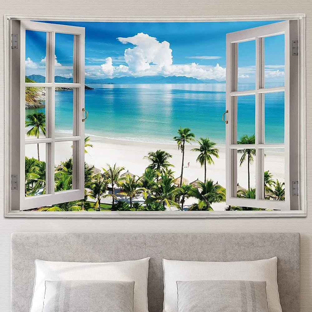 

Ocean Beach Tapestry Sea Island Coconut Tree Palm Seaside outside the window Nature Scape Tapestries Bedroom Room Wall Hanging