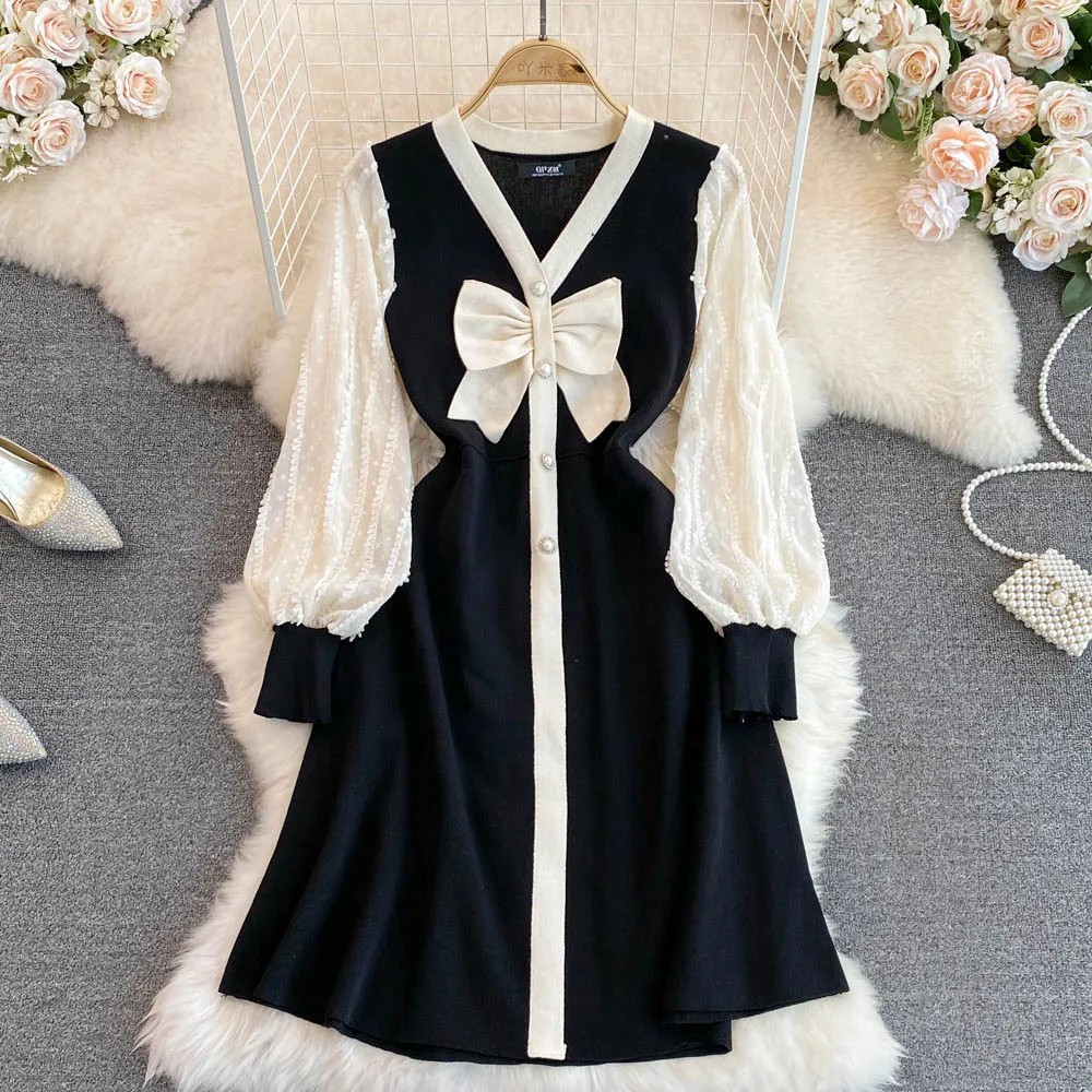 Autumn And Winter New Small Fragrance Fashion V-Neck Vestidos Bow High Waist Slim Office Lady Knitted Patchwork Mini Dress
Autumn And Winter New Small Fragrance Fashion V-Neck Vestidos Bow High Waist Slim Office Lady Knitted Patchwork Mini Dress