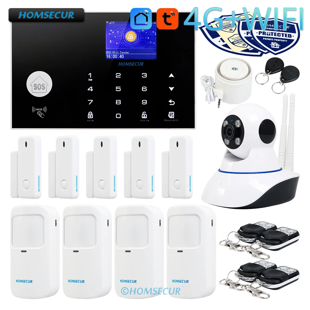 

Система охранной сигнализации HOMSECUR, беспроводная и проводная, 433 МГц, Wi-Fi, 4G/3G/GSM + PIR + 5 датчиков двери + беспроводная IP-камера