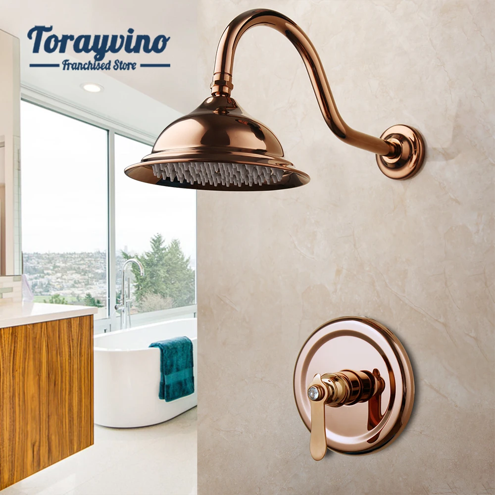 

Torayvino Bathroom Shower Faucets Modern style Wall Mounted Rose Gold Round Single Handle Rainfall Hot Cold Water Tap Set