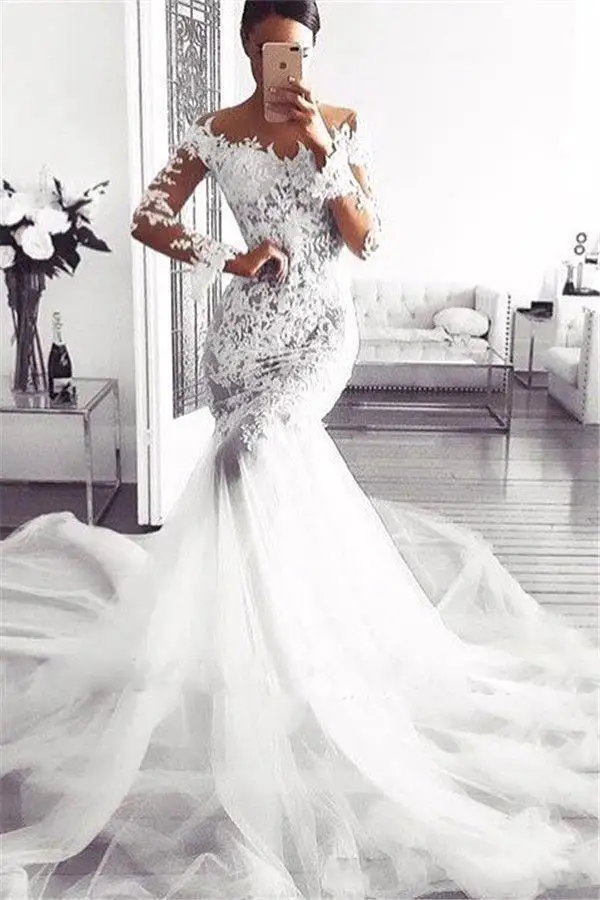 Сексуальное прозрачное кружевное платье-Русалка с аппликацией, свадебное платье со шлейфом и открытыми плечами, свадебные платья 
Сексуальное прозрачное кружевное платье-Русалка с аппликацией, свадебное платье со шлейфом и открытыми плечами, свадебные платья