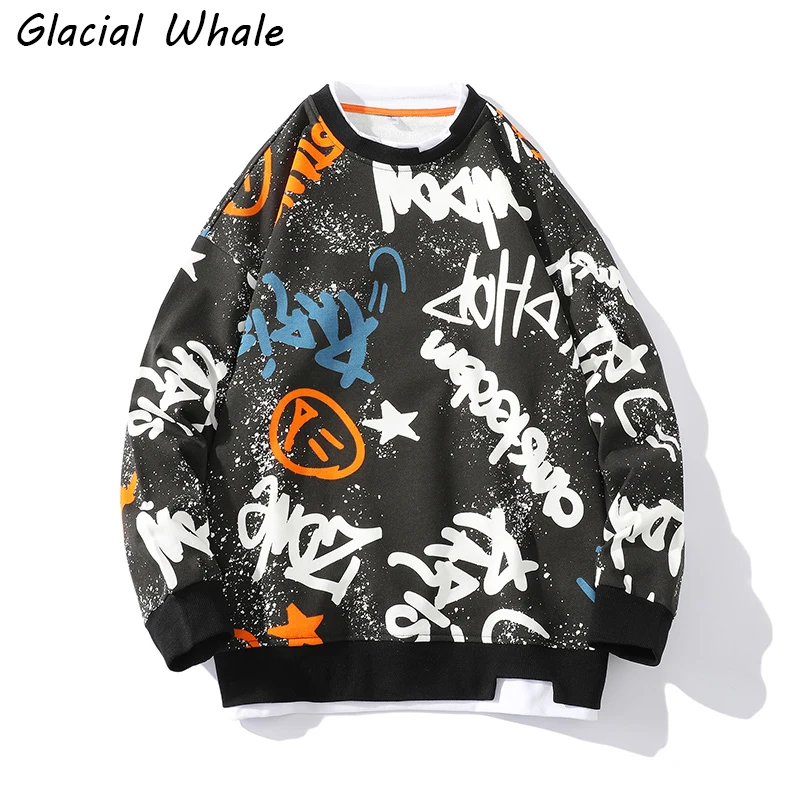 

GlacialWhale Mens Crewneck Sweatshirt Men New 2022 Graffiti Sweatshirts Oversized Hip Hop Japanese Streetwear Black Hoodies Men