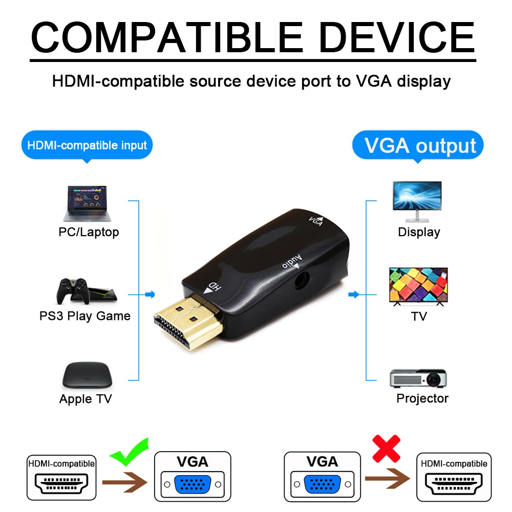 Адаптер HDMI-совместимый с VGA-кабелем переходник папа-Мама аудиоразъем 3 5 мм HD 1080P