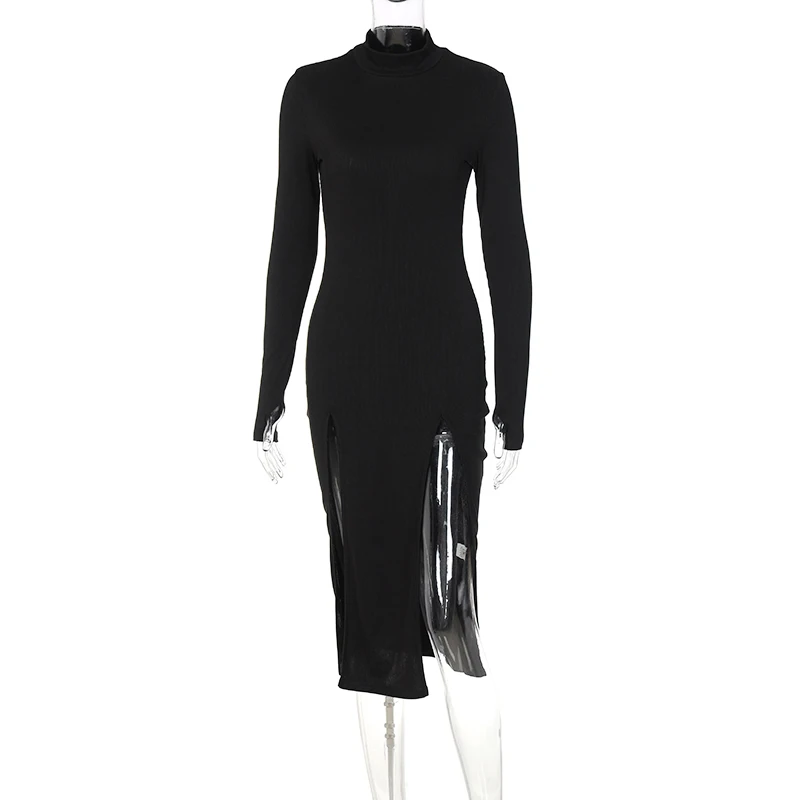 2021 Women Autumn Winter O High Neck Long Sleeve Black Side Slit Midi Sexy Ribbed Knitted Stretchy Elegant Dress
2021 Women Autumn Winter O High Neck Long Sleeve Black Side Slit Midi Sexy Ribbed Knitted Stretchy Elegant Dress