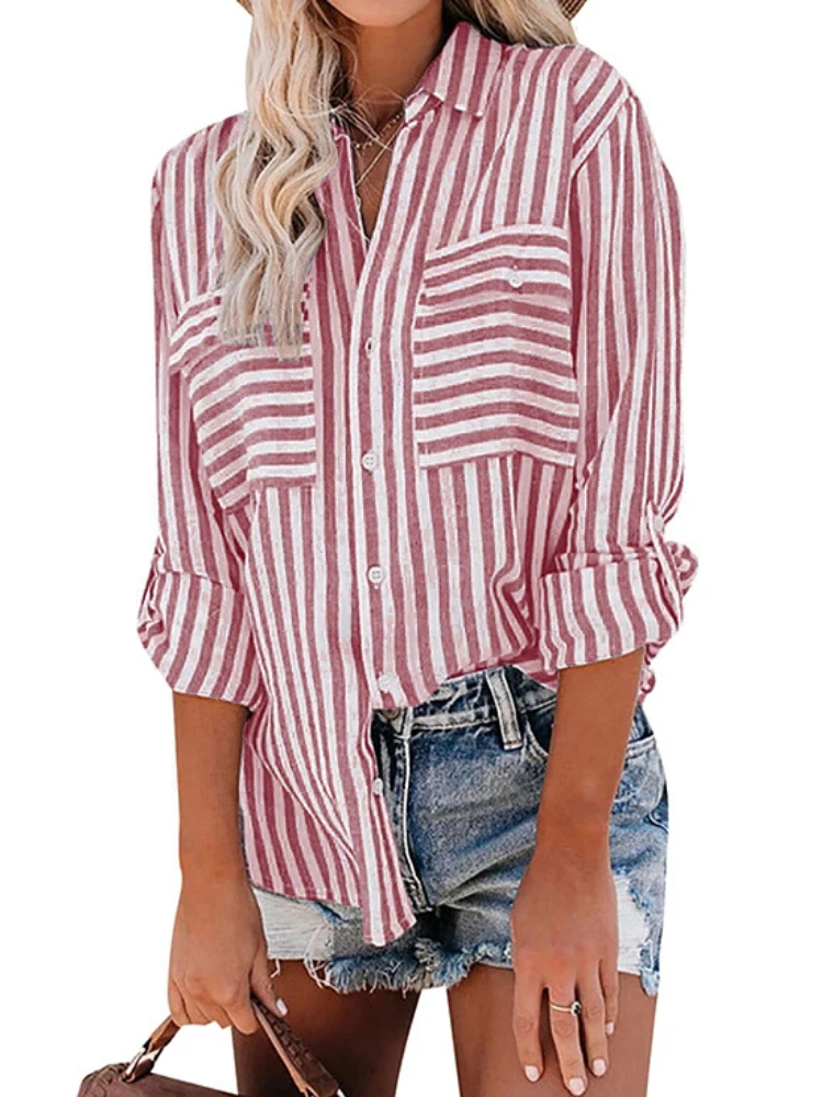 Cotton Linen Women Blouse Casual Spring Summer Striped Tops Womens Long Sleeve Lapel Pocket Loose Office Shirts Blusas Mujer
Cotton Linen Women Blouse Casual Spring Summer Striped Tops Womens Long Sleeve Lapel Pocket Loose Office Shirts Blusas Mujer
