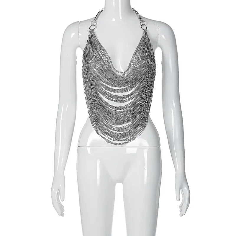 Sexy Backless Halter Chain Bra Top Women New Silvery Summer Fashion Streetwear Crop Tops Woman Party Club Sleeveless Vest Tees
Sexy Backless Halter Chain Bra Top Women New Silvery Summer Fashion Streetwear Crop Tops Woman Party Club Sleeveless Vest Tees
