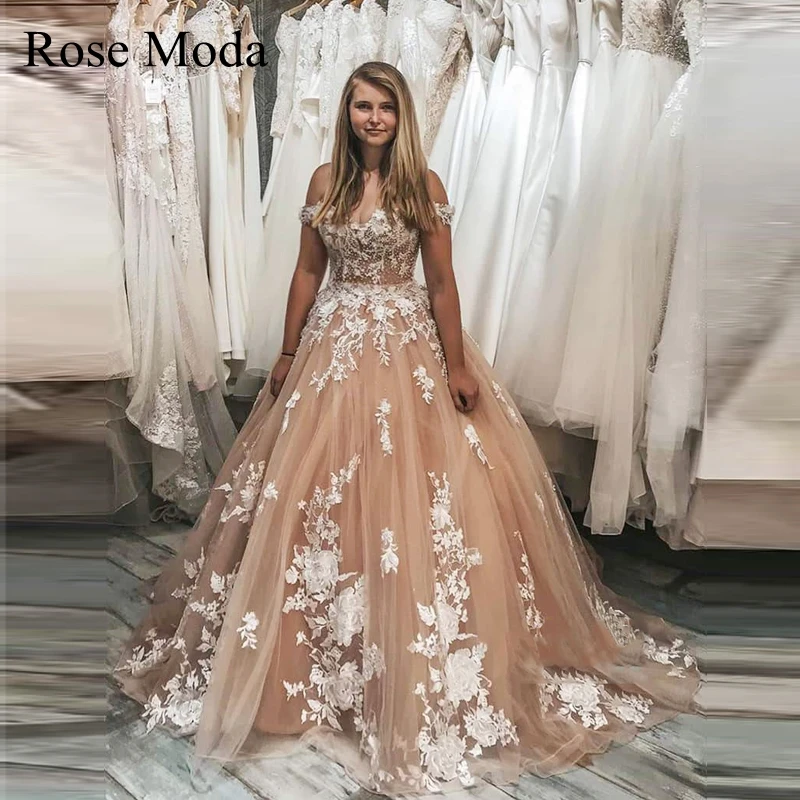 Rose Moda Off the Shoulder Ivory and Champagne Lace Wedding Dress with Long Train Custom Make
Rose Moda Off the Shoulder Ivory and Champagne Lace Wedding Dress with Long Train Custom Make