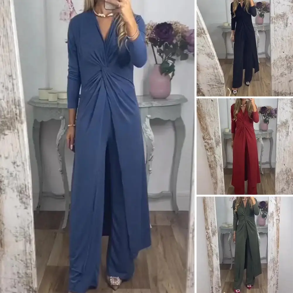 

Casual 2 Pieces Suit with Long Top & Matching Trouser Elegant High Slit Buttoned Longline Summer Casual Female Jumpsuits Outfits