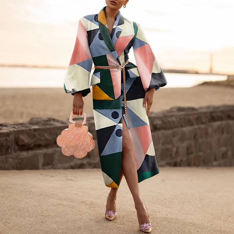 Robe Retro Geometic Print Women Overcoat Autumn Elegant Turn-down Collar Office Cardigan Winter Lantern Sleeve Warm Outwear Coat
Robe Retro Geometic Print Women Overcoat Autumn Elegant Turn-down Collar Office Cardigan Winter Lantern Sleeve Warm Outwear Coat