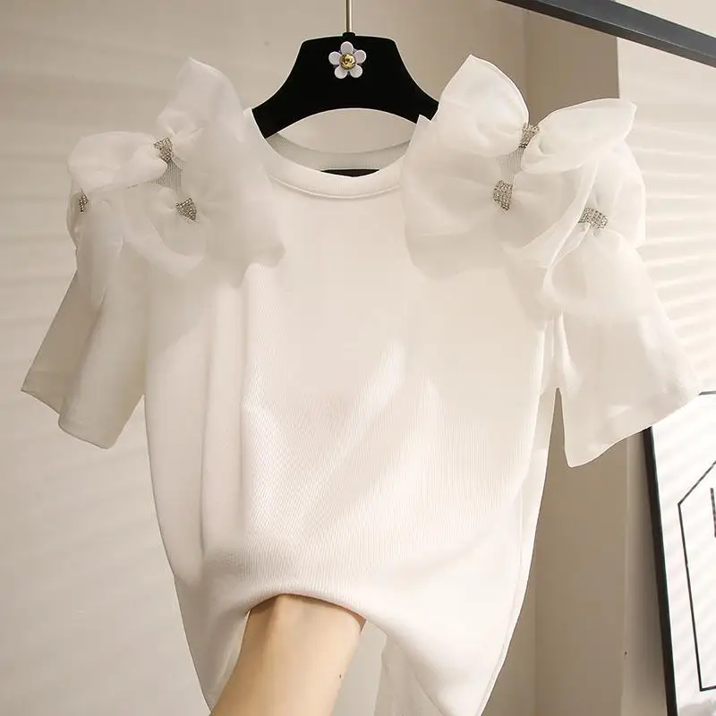 

2023 Summer New Mesh Bow Round Neck T-Shirt Women's Korean Design Feel White Cotton Top Slight Strech