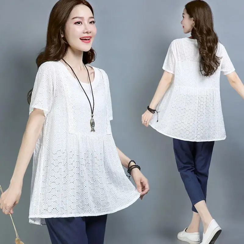 Korean Lace Hollow Out Blouse Summer Short Sleeve Women's Clothing French Style Solid Vintage Ruffles Casual O-Neck Shirt D04
Korean Lace Hollow Out Blouse Summer Short Sleeve Women's Clothing French Style Solid Vintage Ruffles Casual O-Neck Shirt D04