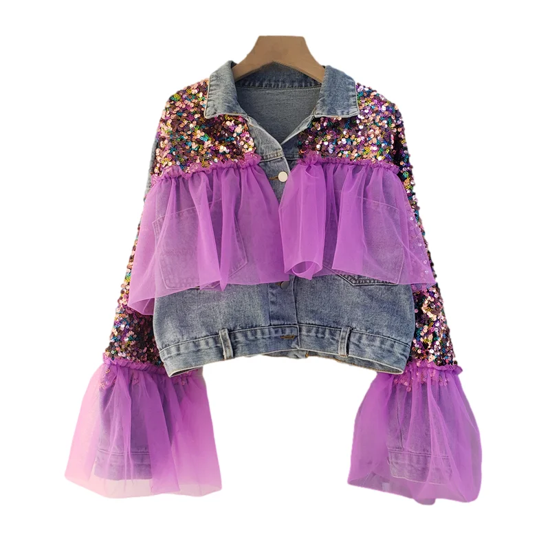 Fashion Multicolor Sequins Splicing Mesh Denim Jacket Coat Women Loose Short Cowboy Outerwear Big Pocket Jeans Jackets Female
Fashion Multicolor Sequins Splicing Mesh Denim Jacket Coat Women Loose Short Cowboy Outerwear Big Pocket Jeans Jackets Female