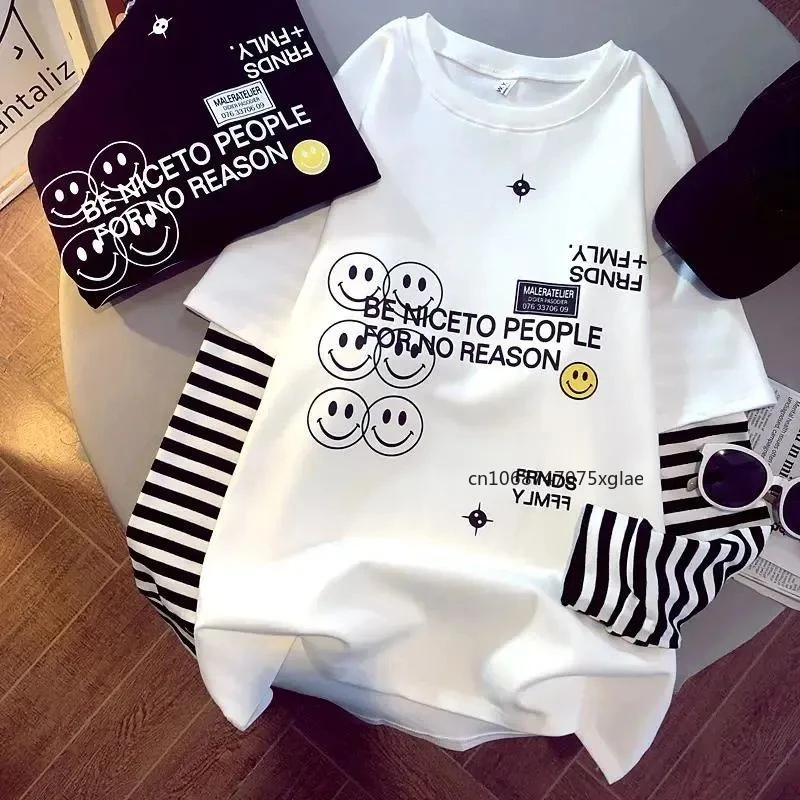 Smiley T-shirt Spring Autumn Men's Loose Design Cotton Striped Long-sleeved T-shirt Women's Round Neck Fake Two-piece Top
Smiley T-shirt Spring Autumn Men's Loose Design Cotton Striped Long-sleeved T-shirt Women's Round Neck Fake Two-piece Top