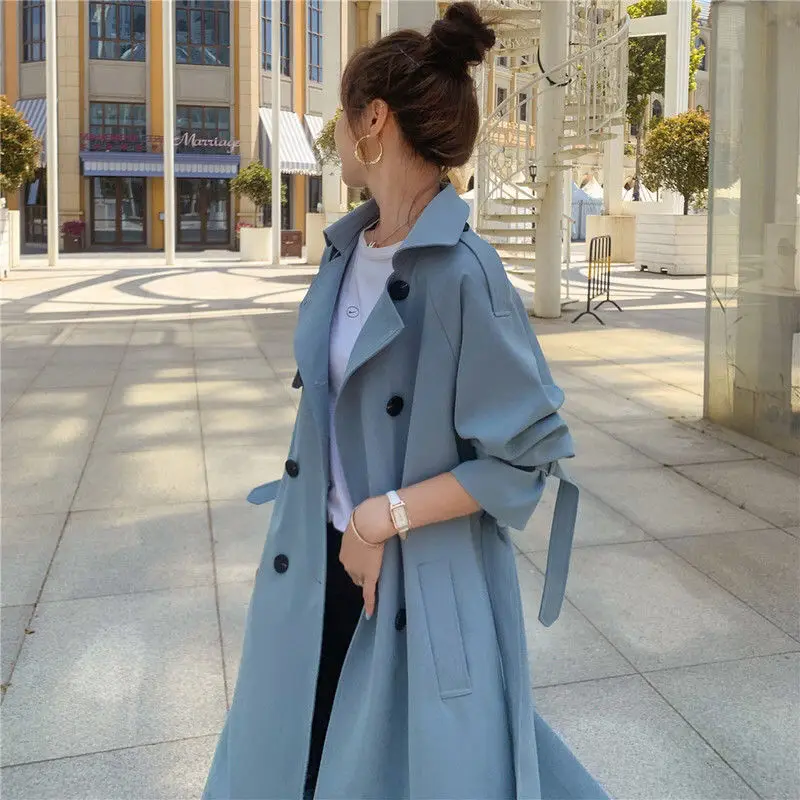

Woman Style Trench Coat Long Double Breasted Belted Oversize Loose Coats Female Outerwear Ladies Lapel Fashion Overcoats G60