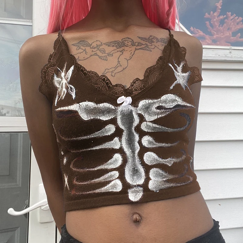 Harajuku Bones Print Crop Top E-girl Gothic Grunge Lace Trim V Neck Kawaii Cami Tops For Women Vintage Y2K Aesthetic Vest
Harajuku Bones Print Crop Top E-girl Gothic Grunge Lace Trim V Neck Kawaii Cami Tops For Women Vintage Y2K Aesthetic Vest