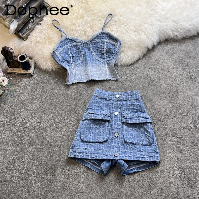 2022 Spring Summer New Retro Fashion Denim Suit Sling Vest Top Women + High Waist A- Line Short Mini Skirt Shorts Two-Piece Sets
2022 Spring Summer New Retro Fashion Denim Suit Sling Vest Top Women + High Waist A- Line Short Mini Skirt Shorts Two-Piece Sets