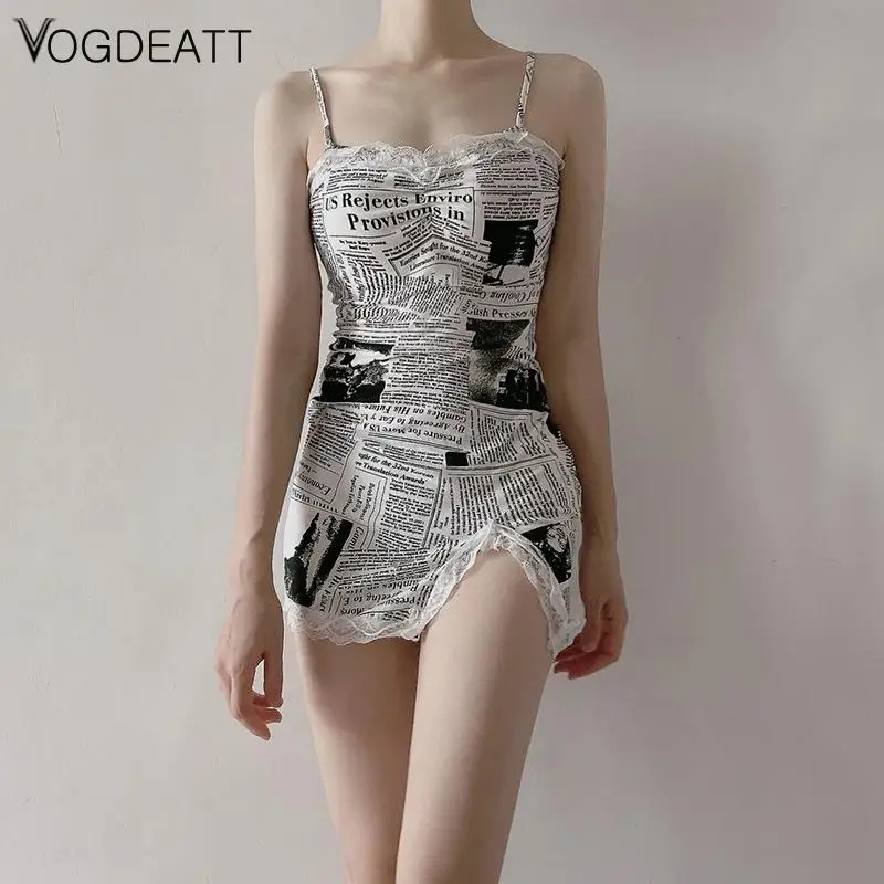 Sexy newspaper design sleeveless suspender mini dress low neck lace stitched open back dress women's daily commute wear 2022
Sexy newspaper design sleeveless suspender mini dress low neck lace stitched open back dress women's daily commute wear 2022