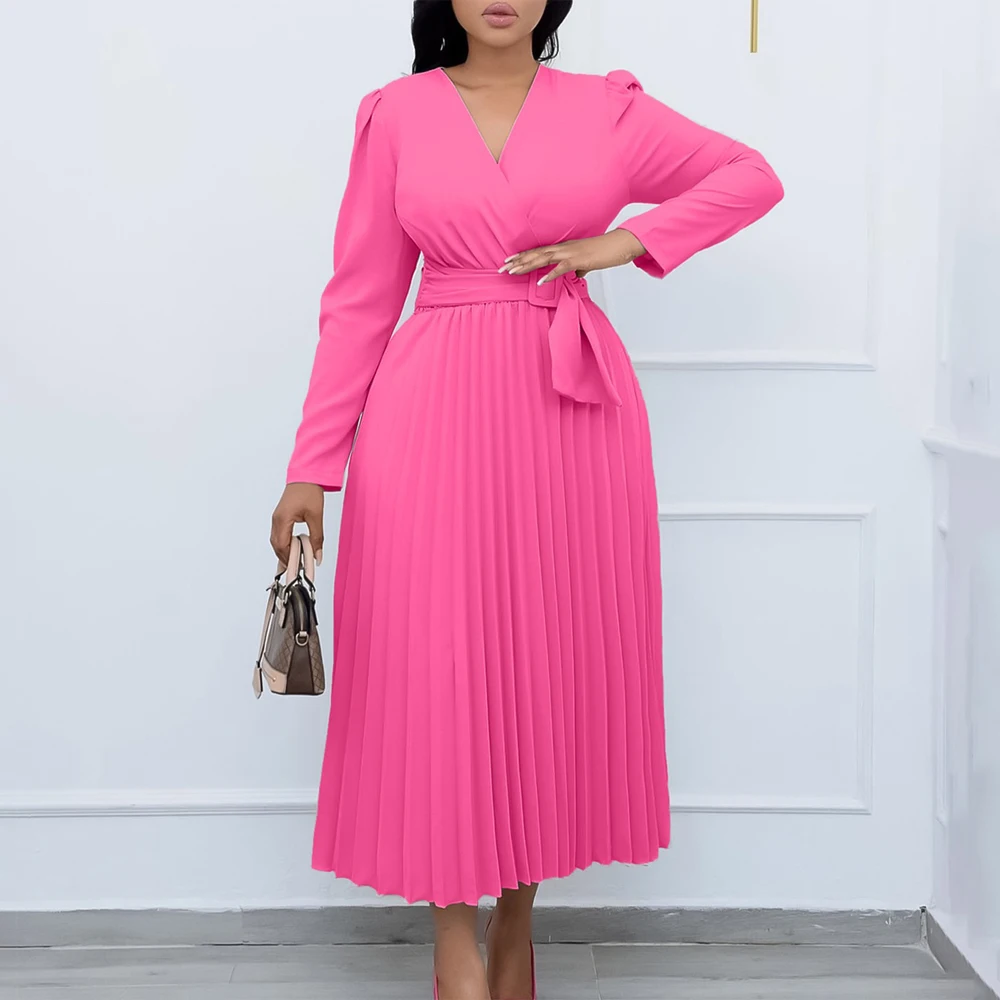 Elegant Pleated Long Dresses for Women V Neck Full Sleeve Belt Waisted Ankle length Fashion Autumn Fall Female Office Work Dress
Elegant Pleated Long Dresses for Women V Neck Full Sleeve Belt Waisted Ankle length Fashion Autumn Fall Female Office Work Dress