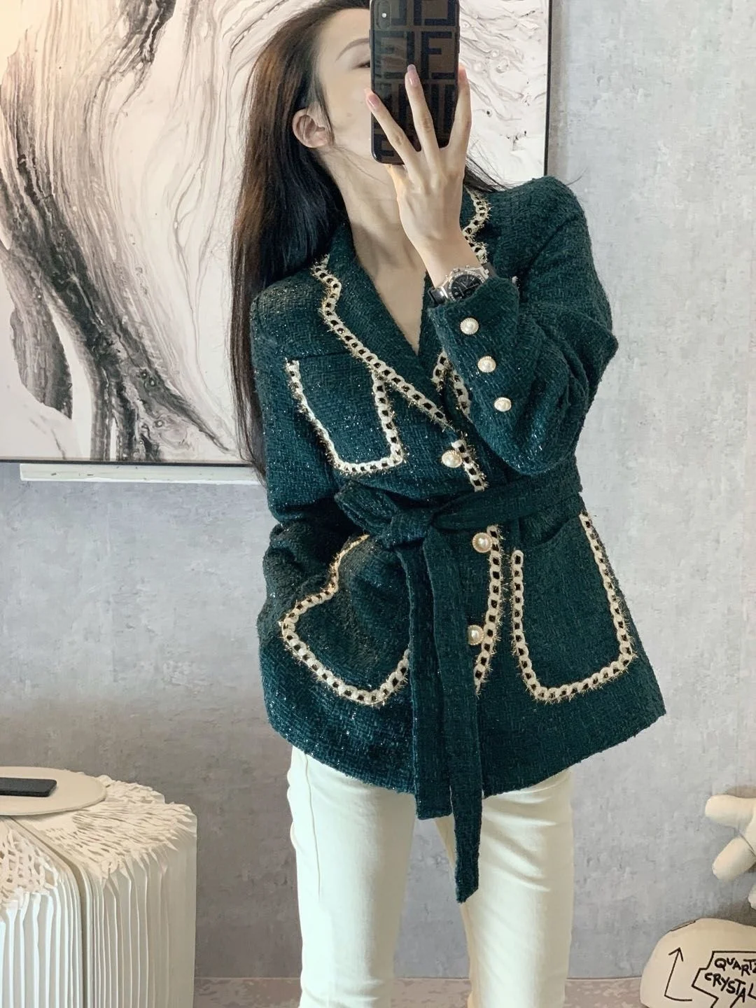 2023Casual jacket,Korean Fashion Women Green Ribbon Patchwork Sashes Tweed Jacket Ladies Slim Button Up Noched Collar Autumn Coa
2023Casual jacket,Korean Fashion Women Green Ribbon Patchwork Sashes Tweed Jacket Ladies Slim Button Up Noched Collar Autumn Coa