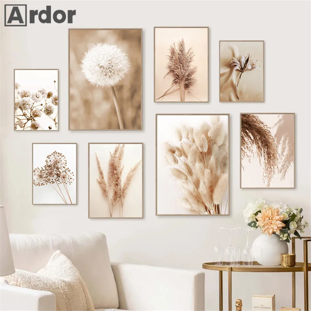 

Dried Flower Grass Reed Wall Art Canvas Print Beige Scenery Poster Dandelion Art Painting Nordic Wall Pictures Living Room Decor