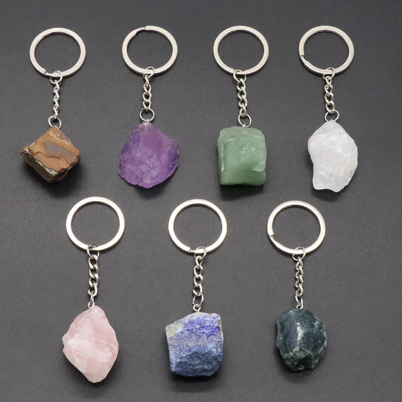 

20pcs Natural Rough Raw Ore Stone Geen Purple Fluorite Crystal Quartz Keychain Women Men Car Key Holder Mineral Keyring Jewelry