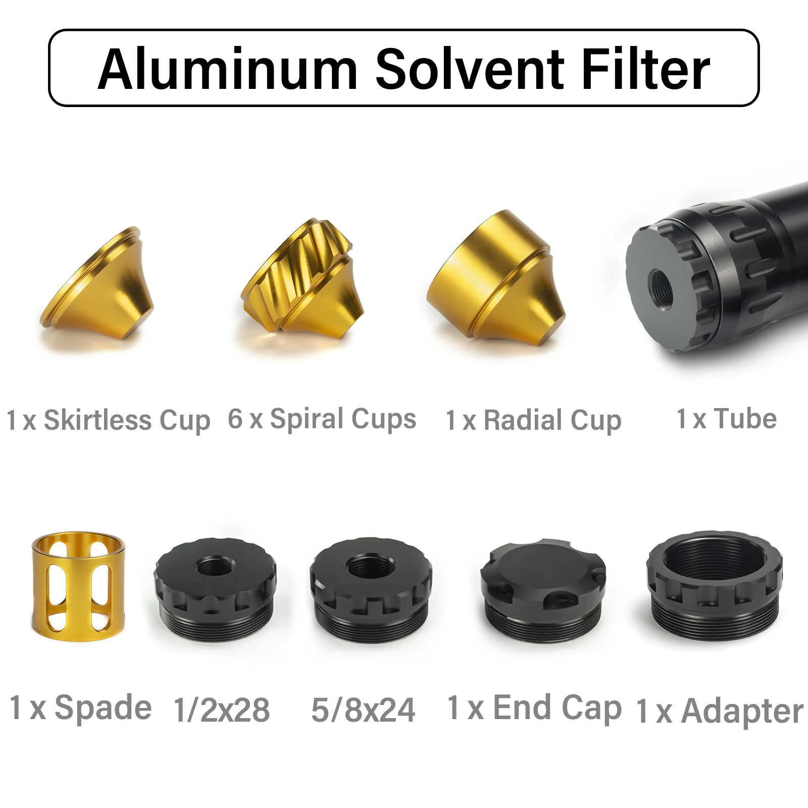 1.73''OD 6''L Aluminum Solvent Tube Filter Form 1x Spade, 6x Spiral Cups 1x Skirtless Cup 1x Radial Cup and 1/2x28+5/8x24 Caps
1.73''OD 6''L Aluminum Solvent Tube Filter Form 1x Spade, 6x Spiral Cups 1x Skirtless Cup 1x Radial Cup and 1/2x28+5/8x24 Caps
