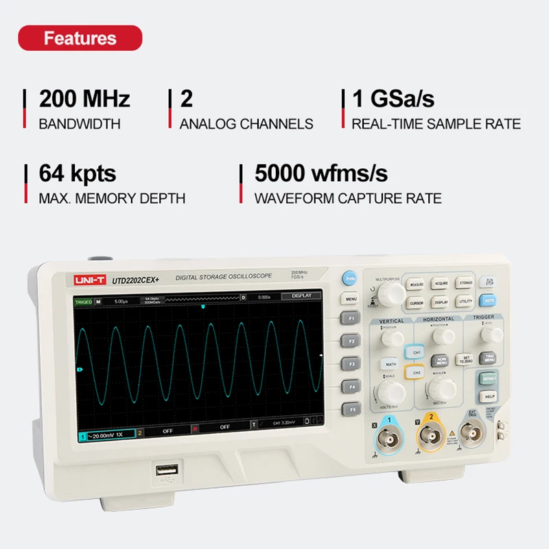 UNI-T UTD2202CEX+ Digital Oscilloscope USB Dual Channel 200Mhz 1G Sampling Rate High Voltage Probe PC LCD Portable Osciloscope
UNI-T UTD2202CEX+ Digital Oscilloscope USB Dual Channel 200Mhz 1G Sampling Rate High Voltage Probe PC LCD Portable Osciloscope