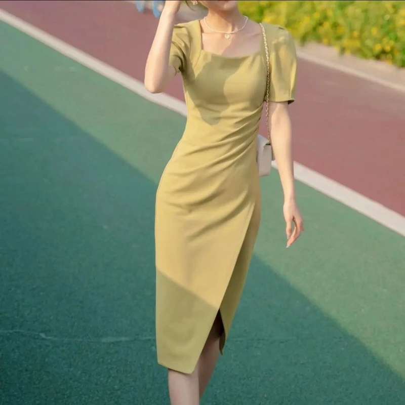 Платье женское однотонное с квадратным вырезом, Модный приталенный сарафан с разрезом и высокой талией, однотонное, G188, на лето 
Платье женское однотонное с квадратным вырезом, Модный приталенный сарафан с разрезом и высокой талией, однотонное, G188, на лето