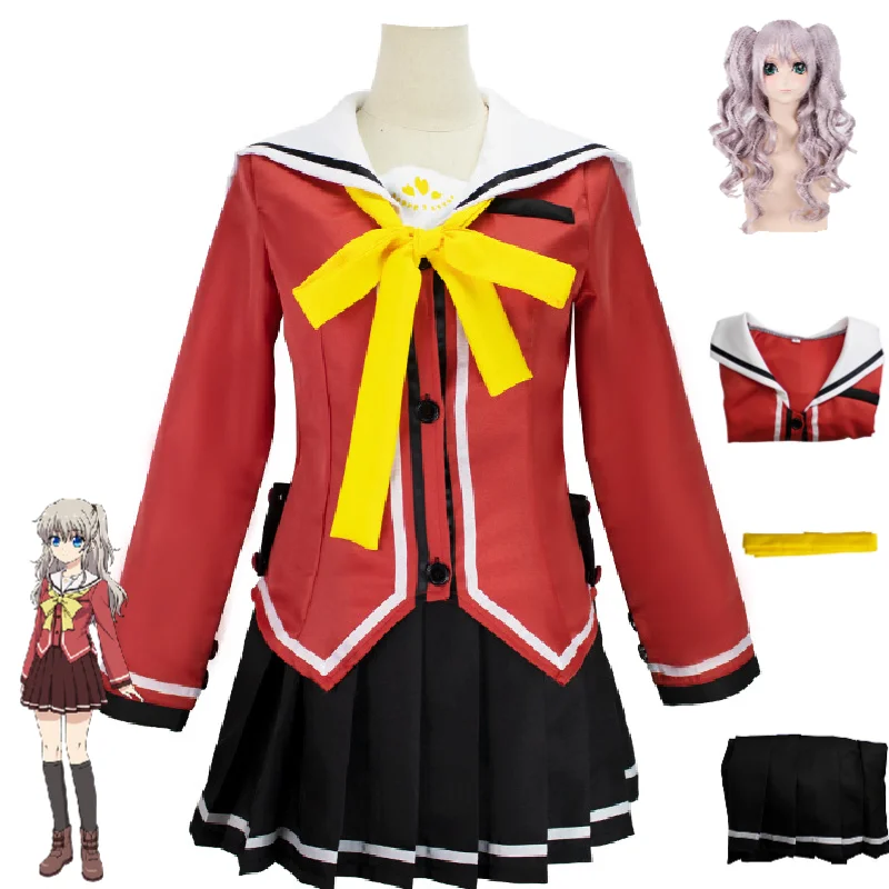

Anime Charlotte Tomori Nao Cosplay Costume Aldult Woman Cute Top Skirt Bow Tie Wig Halloween Rave Party JK Uniform Suit