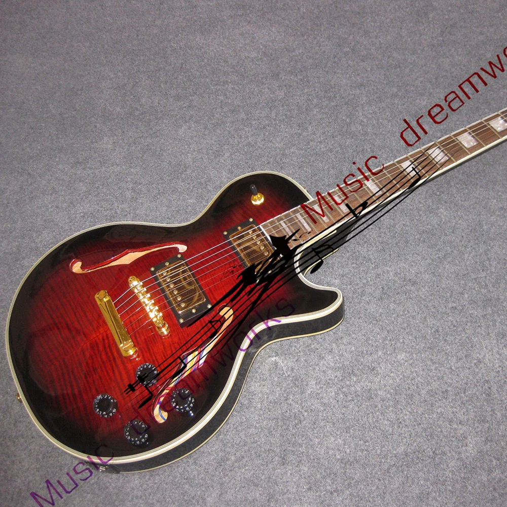 Custom Semi hollow Double F-holes jazz electric guitar, Double-sided flame maple wood veneers, High quality pickups
Custom Semi hollow Double F-holes jazz electric guitar, Double-sided flame maple wood veneers, High quality pickups
