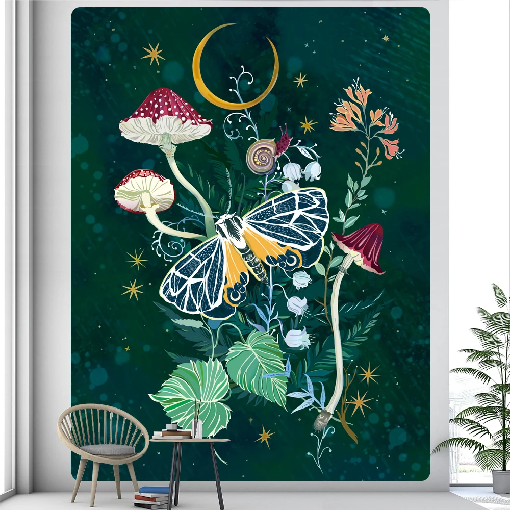 

Home Decor Forest Psychedelic Scene Moon Tapestry Mushroom Butterfly Elf Background Cloth Hippie Boho Wall Hanging tapiz