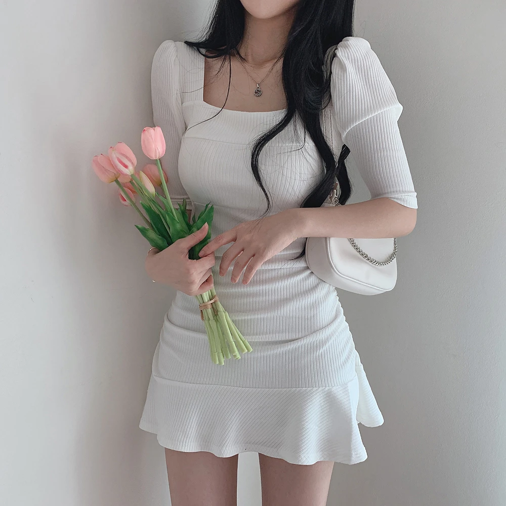 

Square Collar Bubble Sleeve Folds Knitting Thin Mini Flounced Edge Women Dress Korean Summer Slimming Sweet Temperament Clothing