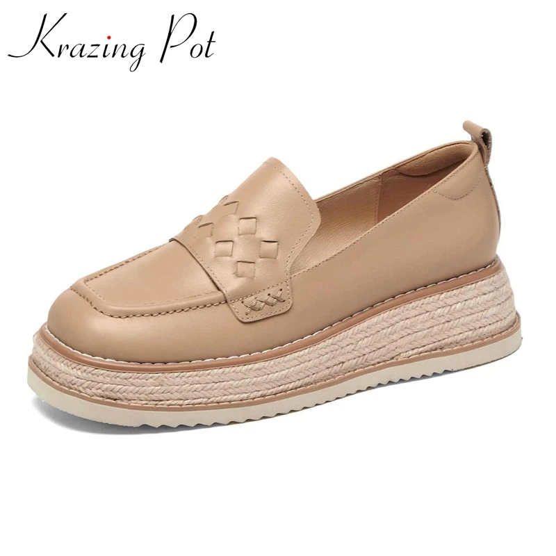 

Туфли Krazing Pot женские из натуральной кожи, брендовые туфли на танкетке с квадратным носком, соломенная Повседневная Базовая обувь на платфор...