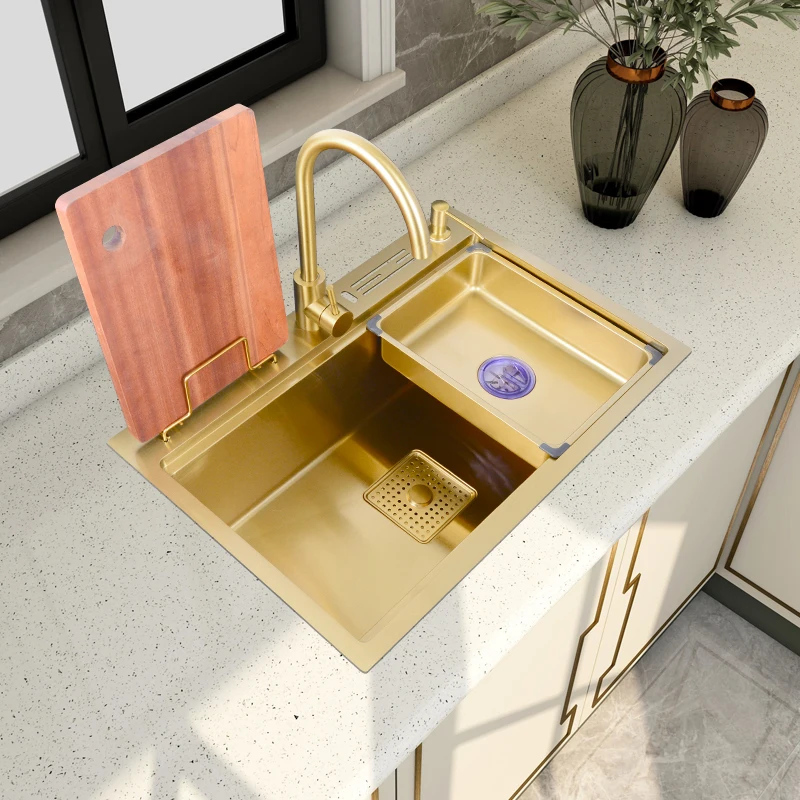 Gold nano multifunctional stepped 304 stainless steel sink with large single slot kitchen vegetable washing basin thickened
Gold nano multifunctional stepped 304 stainless steel sink with large single slot kitchen vegetable washing basin thickened