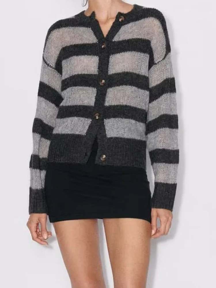 23 women's autumn and winter new style everyday versatile gray striped knitted cardigan sweater jacket
23 women's autumn and winter new style everyday versatile gray striped knitted cardigan sweater jacket