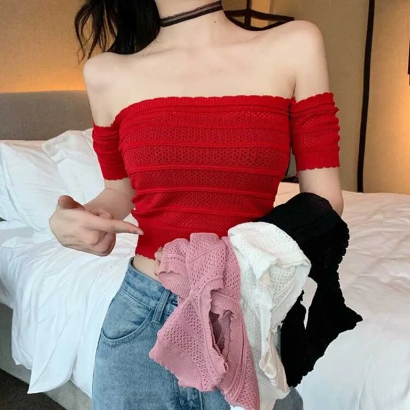 Spring Summer Fashion Sexy Women Short T-Shirt Knit Crop Top Off-Shoulder Hollow Out Ladies Solid Streetwear Female Clothes
Spring Summer Fashion Sexy Women Short T-Shirt Knit Crop Top Off-Shoulder Hollow Out Ladies Solid Streetwear Female Clothes